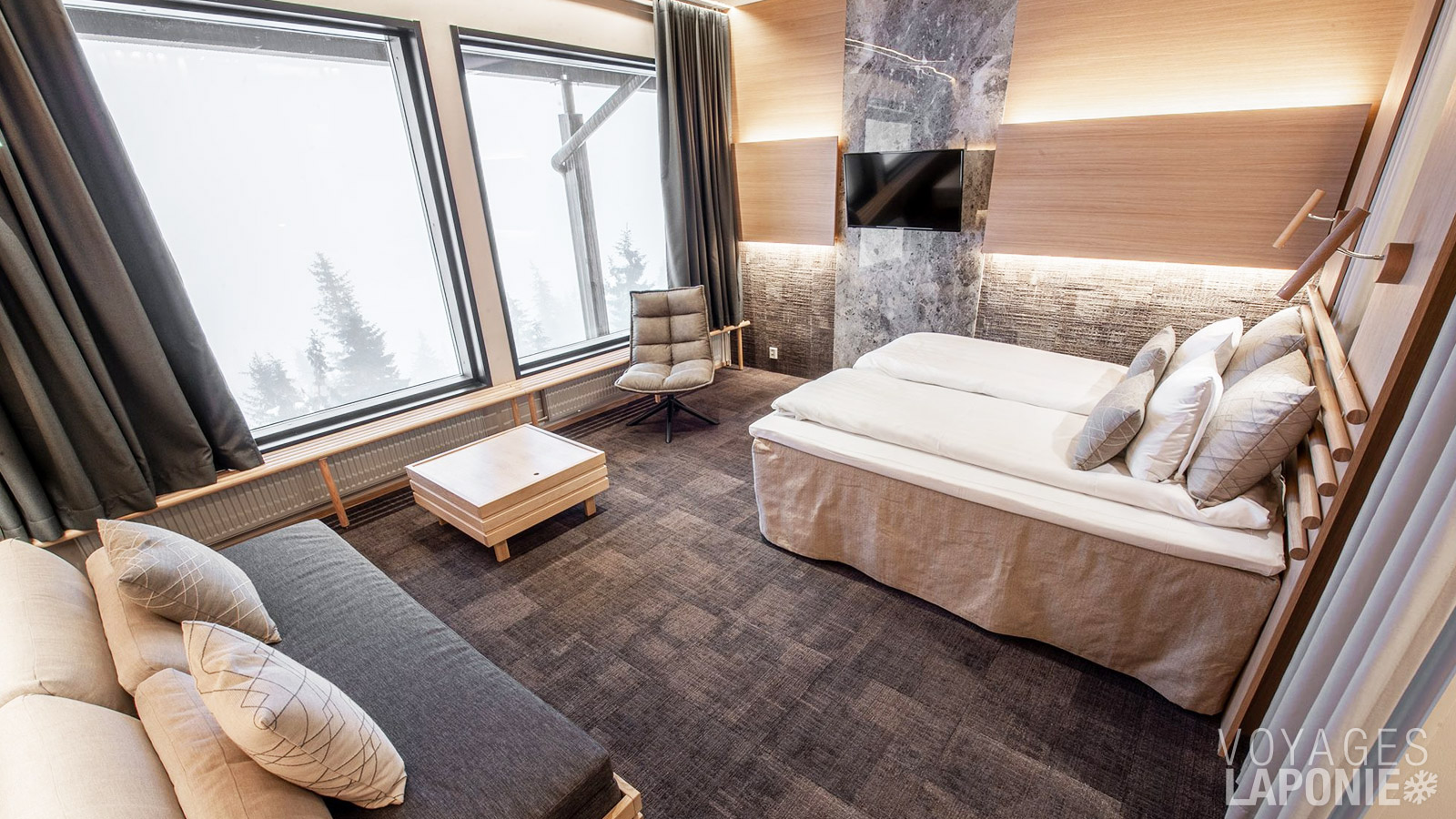 Les chambres d’hôtel se situent dans le bâtiment principal de l’hôtel boutique Iso Syöte et offrent une belle vue