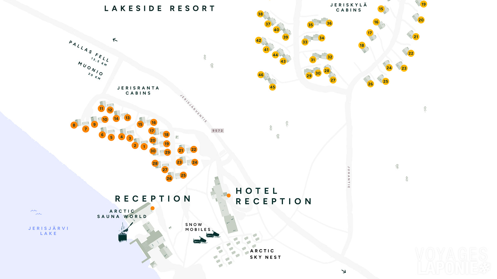Le Jeris Lakeside Resort propose plusieurs types d’hébergement : chambre d’hôtel, chalet en bois ou Arctic Sky Nest